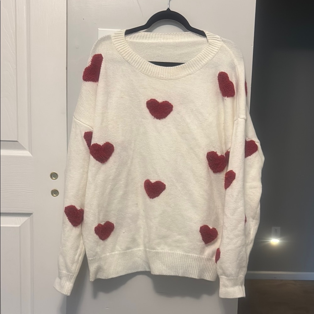 Cozy Heart Pattern Sweater - Cream and Red